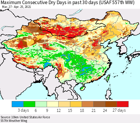China, Mongolia and Taiwan Maximum Consecutive Dry Days in past 30 days (USAF 557th WW) 04/25/2021 Thematic Map For 4/21/2021 - 4/25/2021