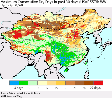 China, Mongolia and Taiwan Maximum Consecutive Dry Days in past 30 days (USAF 557th WW) 04/30/2021 Thematic Map For 4/26/2021 - 4/30/2021