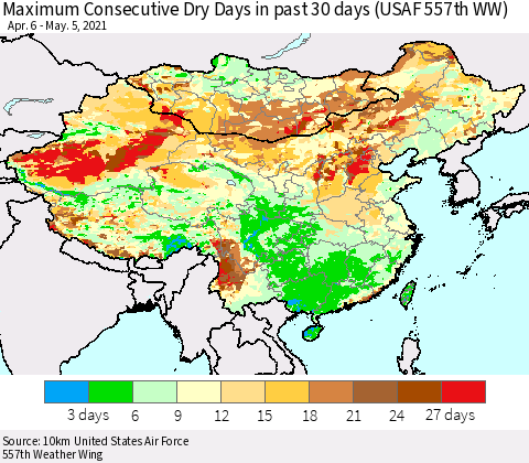 China, Mongolia and Taiwan Maximum Consecutive Dry Days in past 30 days (USAF 557th WW) 05/05/2021 Thematic Map For 5/1/2021 - 5/5/2021