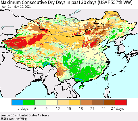 China, Mongolia and Taiwan Maximum Consecutive Dry Days in past 30 days (USAF 557th WW) 05/10/2021 Thematic Map For 5/6/2021 - 5/10/2021