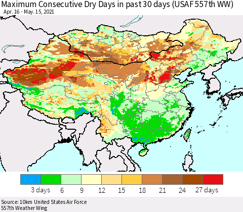 China, Mongolia and Taiwan Maximum Consecutive Dry Days in past 30 days (USAF 557th WW) 05/15/2021 Thematic Map For 5/11/2021 - 5/15/2021
