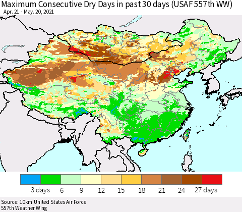 China, Mongolia and Taiwan Maximum Consecutive Dry Days in past 30 days (USAF 557th WW) 05/20/2021 Thematic Map For 5/16/2021 - 5/20/2021