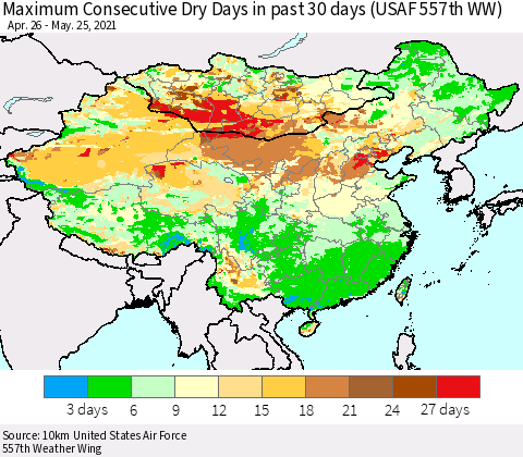 China, Mongolia and Taiwan Maximum Consecutive Dry Days in past 30 days (USAF 557th WW) 05/25/2021 Thematic Map For 5/21/2021 - 5/25/2021