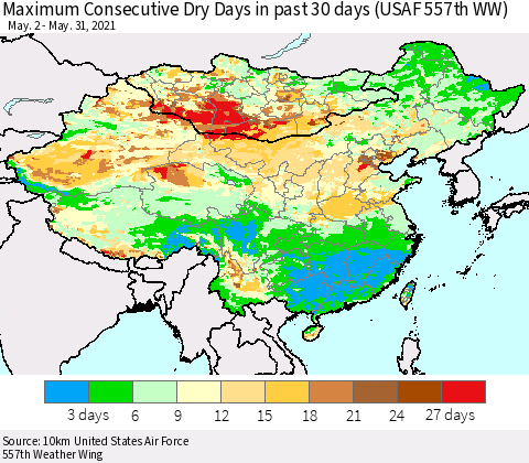 China, Mongolia and Taiwan Maximum Consecutive Dry Days in past 30 days (USAF 557th WW) 05/31/2021 Thematic Map For 5/26/2021 - 5/31/2021
