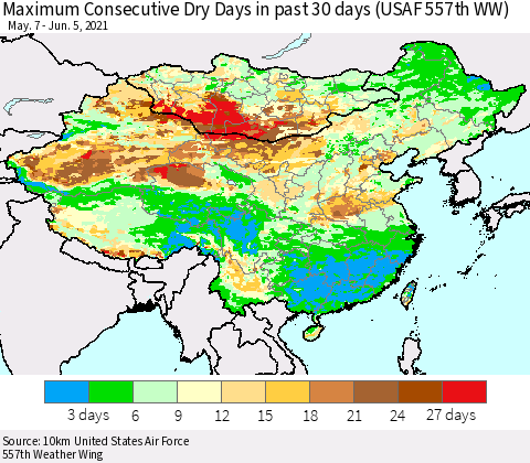 China, Mongolia and Taiwan Maximum Consecutive Dry Days in past 30 days (USAF 557th WW) 06/05/2021 Thematic Map For 6/1/2021 - 6/5/2021