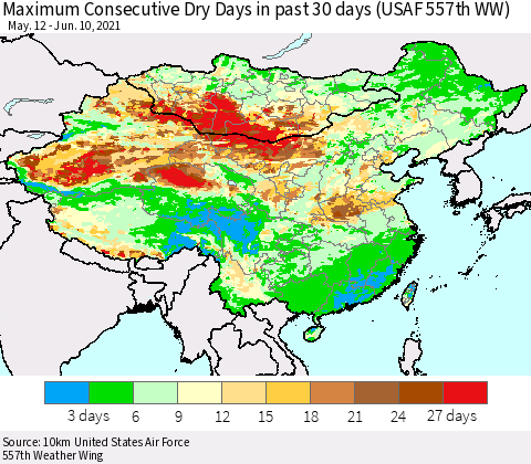 China, Mongolia and Taiwan Maximum Consecutive Dry Days in past 30 days (USAF 557th WW) 06/10/2021 Thematic Map For 6/6/2021 - 6/10/2021