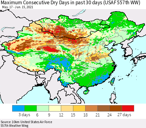 China, Mongolia and Taiwan Maximum Consecutive Dry Days in past 30 days (USAF 557th WW) 06/15/2021 Thematic Map For 6/11/2021 - 6/15/2021