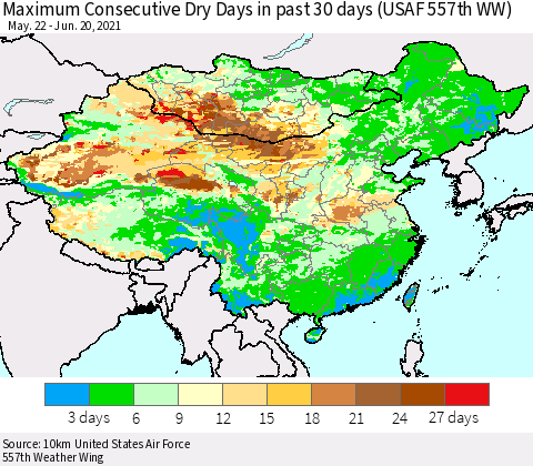China, Mongolia and Taiwan Maximum Consecutive Dry Days in past 30 days (USAF 557th WW) 06/20/2021 Thematic Map For 6/16/2021 - 6/20/2021