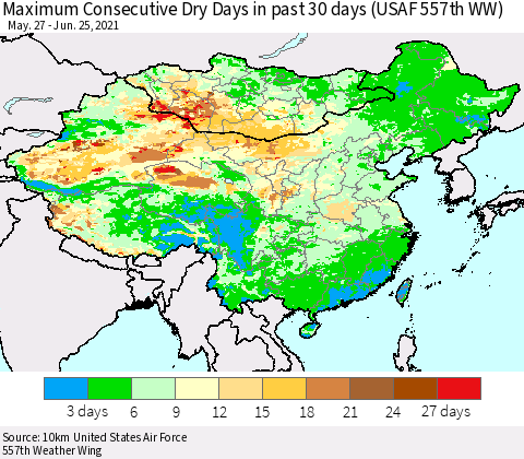 China, Mongolia and Taiwan Maximum Consecutive Dry Days in past 30 days (USAF 557th WW) 06/25/2021 Thematic Map For 6/21/2021 - 6/25/2021