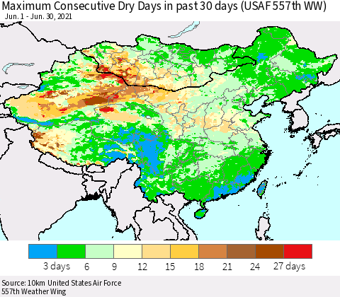 China, Mongolia and Taiwan Maximum Consecutive Dry Days in past 30 days (USAF 557th WW) 06/30/2021 Thematic Map For 6/26/2021 - 6/30/2021