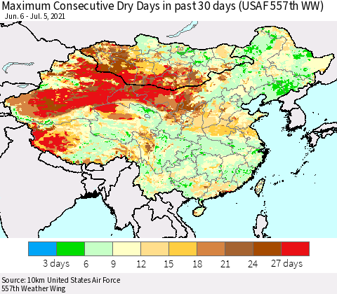 China, Mongolia and Taiwan Maximum Consecutive Dry Days in past 30 days (USAF 557th WW) 07/05/2021 Thematic Map For 7/1/2021 - 7/5/2021