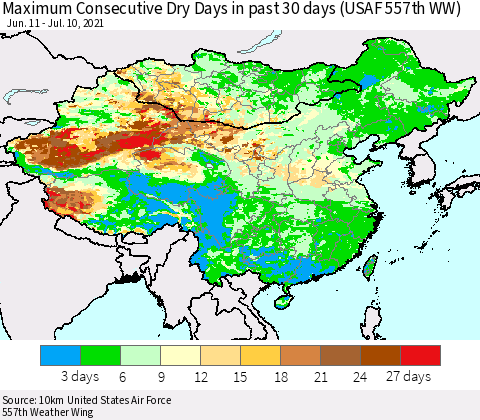 China, Mongolia and Taiwan Maximum Consecutive Dry Days in past 30 days (USAF 557th WW) 07/10/2021 Thematic Map For 7/6/2021 - 7/10/2021