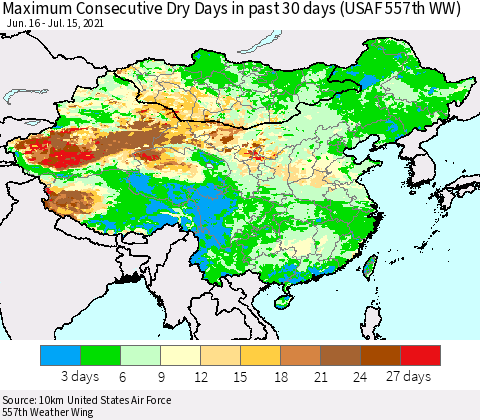 China, Mongolia and Taiwan Maximum Consecutive Dry Days in past 30 days (USAF 557th WW) 07/15/2021 Thematic Map For 7/11/2021 - 7/15/2021