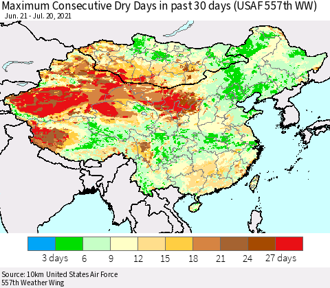 China, Mongolia and Taiwan Maximum Consecutive Dry Days in past 30 days (USAF 557th WW) 07/20/2021 Thematic Map For 7/16/2021 - 7/20/2021