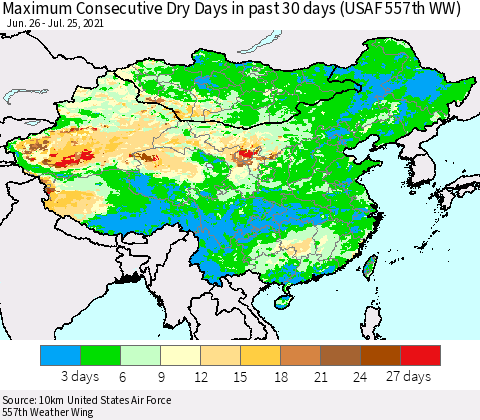 China, Mongolia and Taiwan Maximum Consecutive Dry Days in past 30 days (USAF 557th WW) 07/25/2021 Thematic Map For 7/21/2021 - 7/25/2021