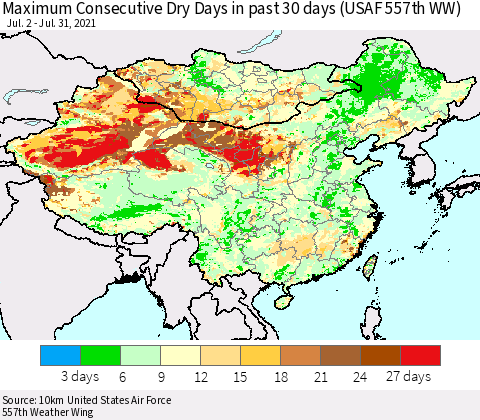 China, Mongolia and Taiwan Maximum Consecutive Dry Days in past 30 days (USAF 557th WW) 07/31/2021 Thematic Map For 7/26/2021 - 7/31/2021