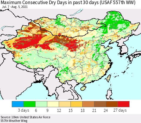 China, Mongolia and Taiwan Maximum Consecutive Dry Days in past 30 days (USAF 557th WW) 08/05/2021 Thematic Map For 8/1/2021 - 8/5/2021