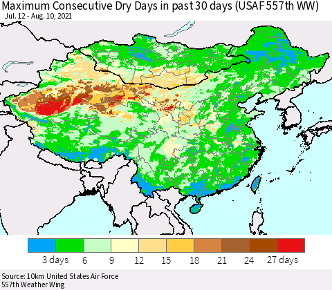 China, Mongolia and Taiwan Maximum Consecutive Dry Days in past 30 days (USAF 557th WW) 08/10/2021 Thematic Map For 8/6/2021 - 8/10/2021