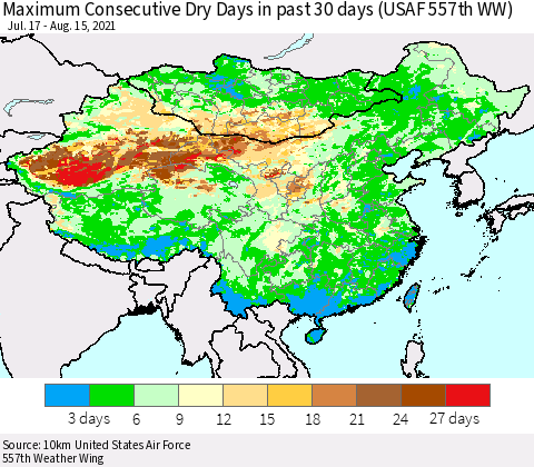 China, Mongolia and Taiwan Maximum Consecutive Dry Days in past 30 days (USAF 557th WW) 08/15/2021 Thematic Map For 8/11/2021 - 8/15/2021