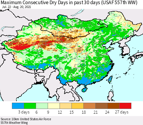 China, Mongolia and Taiwan Maximum Consecutive Dry Days in past 30 days (USAF 557th WW) 08/20/2021 Thematic Map For 8/16/2021 - 8/20/2021