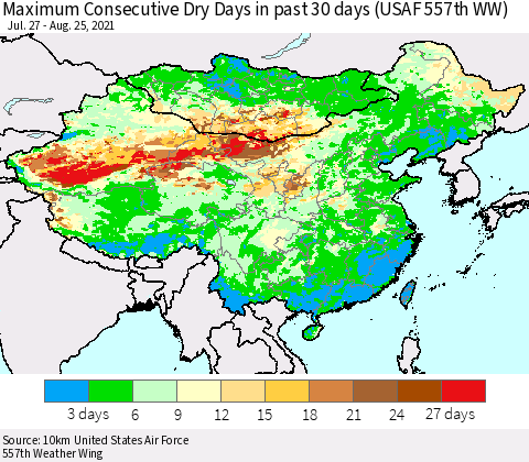 China, Mongolia and Taiwan Maximum Consecutive Dry Days in past 30 days (USAF 557th WW) 08/25/2021 Thematic Map For 8/21/2021 - 8/25/2021
