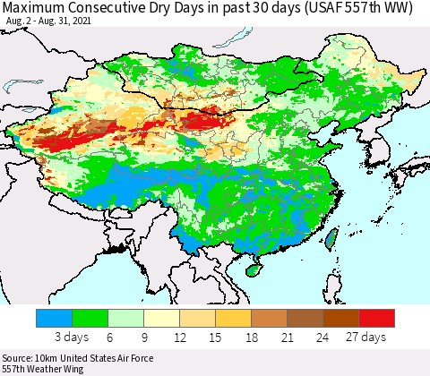China, Mongolia and Taiwan Maximum Consecutive Dry Days in past 30 days (USAF 557th WW) 08/31/2021 Thematic Map For 8/26/2021 - 8/31/2021
