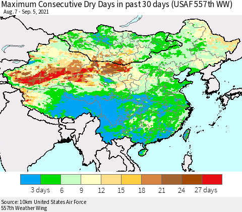 China, Mongolia and Taiwan Maximum Consecutive Dry Days in past 30 days (USAF 557th WW) 09/05/2021 Thematic Map For 9/1/2021 - 9/5/2021