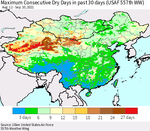 China, Mongolia and Taiwan Maximum Consecutive Dry Days in past 30 days (USAF 557th WW) 09/10/2021 Thematic Map For 9/6/2021 - 9/10/2021