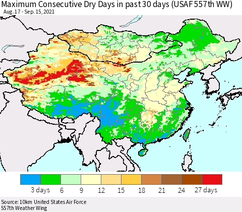 China, Mongolia and Taiwan Maximum Consecutive Dry Days in past 30 days (USAF 557th WW) 09/15/2021 Thematic Map For 9/11/2021 - 9/15/2021