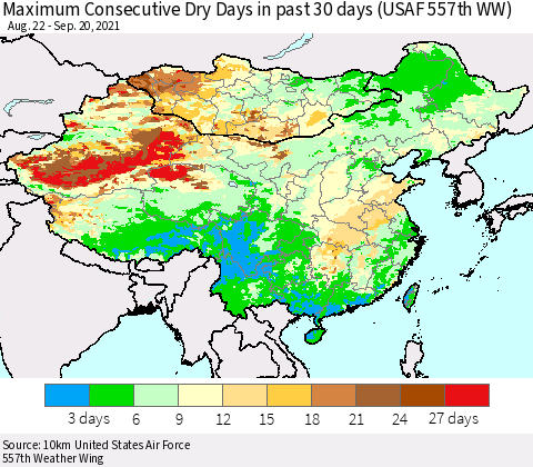 China, Mongolia and Taiwan Maximum Consecutive Dry Days in past 30 days (USAF 557th WW) 09/20/2021 Thematic Map For 9/16/2021 - 9/20/2021
