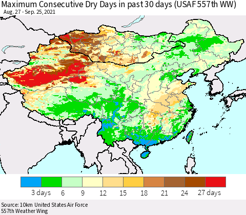 China, Mongolia and Taiwan Maximum Consecutive Dry Days in past 30 days (USAF 557th WW) 09/25/2021 Thematic Map For 9/21/2021 - 9/25/2021