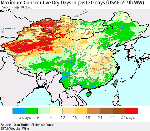 China, Mongolia and Taiwan Maximum Consecutive Dry Days in past 30 days (USAF 557th WW) 09/30/2021 Thematic Map For 9/26/2021 - 9/30/2021