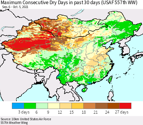 China, Mongolia and Taiwan Maximum Consecutive Dry Days in past 30 days (USAF 557th WW) 10/05/2021 Thematic Map For 10/1/2021 - 10/5/2021