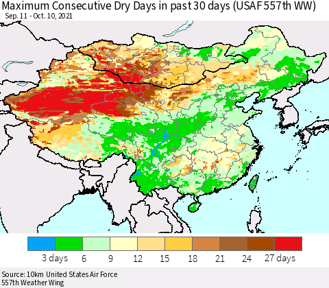 China, Mongolia and Taiwan Maximum Consecutive Dry Days in past 30 days (USAF 557th WW) 10/10/2021 Thematic Map For 10/6/2021 - 10/10/2021