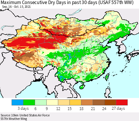 China, Mongolia and Taiwan Maximum Consecutive Dry Days in past 30 days (USAF 557th WW) 10/15/2021 Thematic Map For 10/11/2021 - 10/15/2021