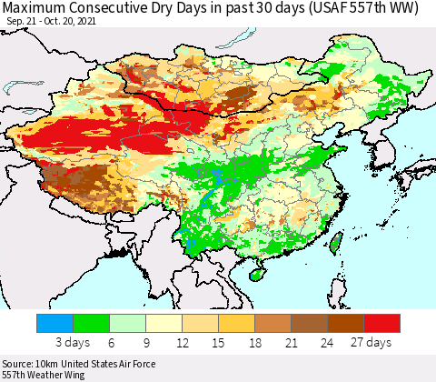 China, Mongolia and Taiwan Maximum Consecutive Dry Days in past 30 days (USAF 557th WW) 10/20/2021 Thematic Map For 10/16/2021 - 10/20/2021