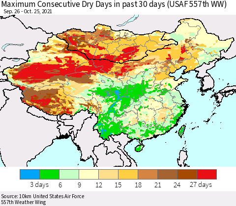 China, Mongolia and Taiwan Maximum Consecutive Dry Days in past 30 days (USAF 557th WW) 10/25/2021 Thematic Map For 10/21/2021 - 10/25/2021
