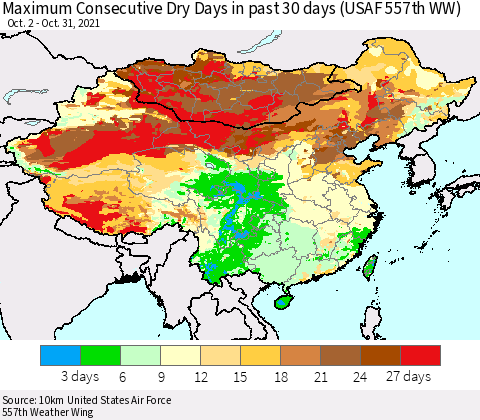 China, Mongolia and Taiwan Maximum Consecutive Dry Days in past 30 days (USAF 557th WW) 10/31/2021 Thematic Map For 10/26/2021 - 10/31/2021