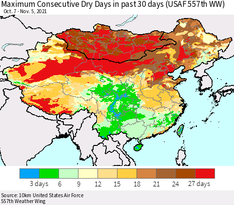 China, Mongolia and Taiwan Maximum Consecutive Dry Days in past 30 days (USAF 557th WW) 11/05/2021 Thematic Map For 11/1/2021 - 11/5/2021