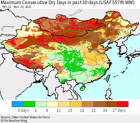 China, Mongolia and Taiwan Maximum Consecutive Dry Days in past 30 days (USAF 557th WW) 11/10/2021 Thematic Map For 11/6/2021 - 11/10/2021