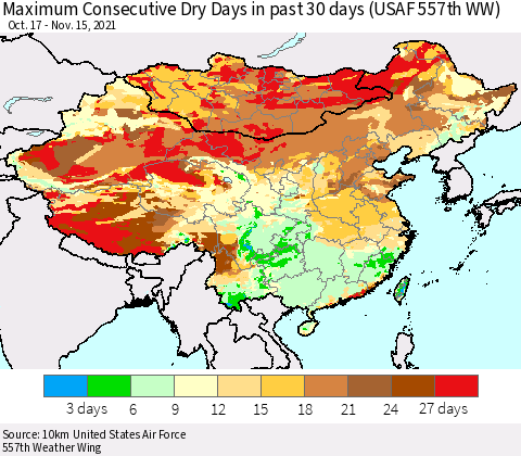 China, Mongolia and Taiwan Maximum Consecutive Dry Days in past 30 days (USAF 557th WW) 11/15/2021 Thematic Map For 11/11/2021 - 11/15/2021