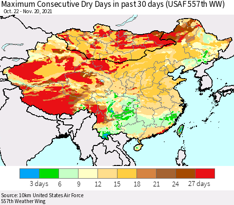 China, Mongolia and Taiwan Maximum Consecutive Dry Days in past 30 days (USAF 557th WW) 11/20/2021 Thematic Map For 11/16/2021 - 11/20/2021