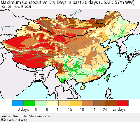China, Mongolia and Taiwan Maximum Consecutive Dry Days in past 30 days (USAF 557th WW) 11/25/2021 Thematic Map For 11/21/2021 - 11/25/2021