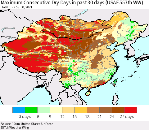 China, Mongolia and Taiwan Maximum Consecutive Dry Days in past 30 days (USAF 557th WW) 11/30/2021 Thematic Map For 11/26/2021 - 11/30/2021