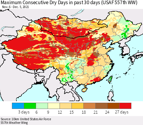 China, Mongolia and Taiwan Maximum Consecutive Dry Days in past 30 days (USAF 557th WW) 12/05/2021 Thematic Map For 12/1/2021 - 12/5/2021