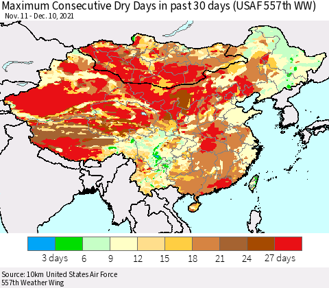 China, Mongolia and Taiwan Maximum Consecutive Dry Days in past 30 days (USAF 557th WW) 12/10/2021 Thematic Map For 12/6/2021 - 12/10/2021