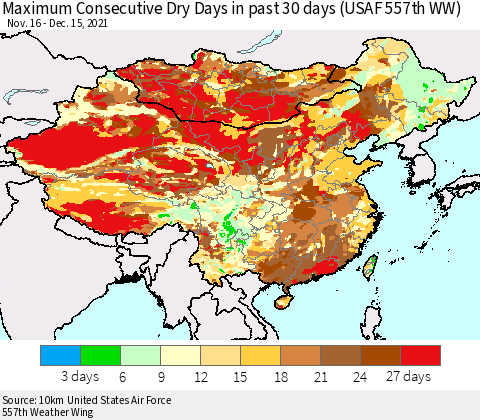 China, Mongolia and Taiwan Maximum Consecutive Dry Days in past 30 days (USAF 557th WW) 12/15/2021 Thematic Map For 12/11/2021 - 12/15/2021