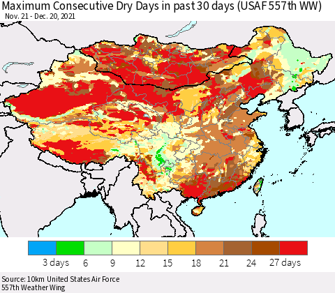 China, Mongolia and Taiwan Maximum Consecutive Dry Days in past 30 days (USAF 557th WW) 12/20/2021 Thematic Map For 12/16/2021 - 12/20/2021