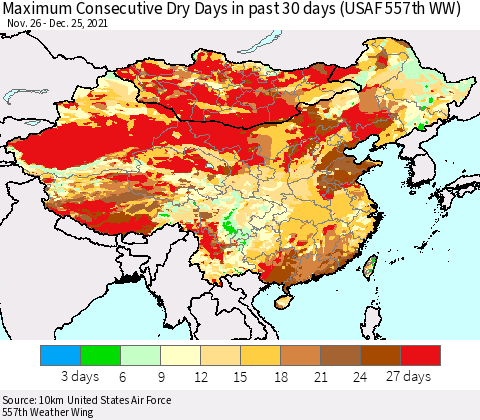 China, Mongolia and Taiwan Maximum Consecutive Dry Days in past 30 days (USAF 557th WW) 12/25/2021 Thematic Map For 12/21/2021 - 12/25/2021