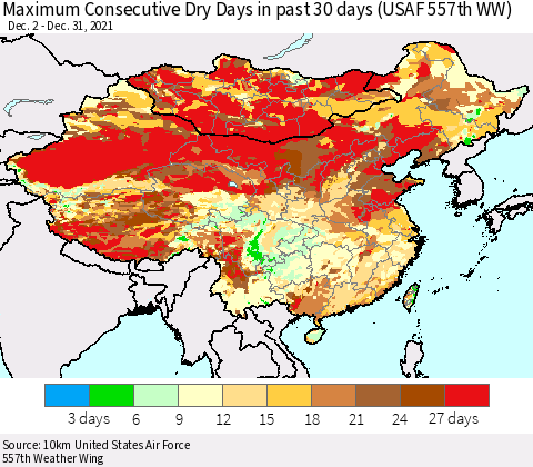 China, Mongolia and Taiwan Maximum Consecutive Dry Days in past 30 days (USAF 557th WW) 12/31/2021 Thematic Map For 12/26/2021 - 12/31/2021